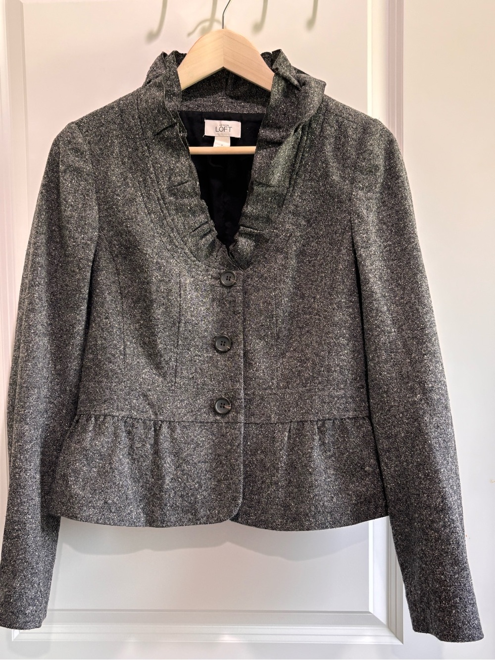 LOFT Charcoal Ruffle-Collar Peplum Blazer - Picture 1 of 5